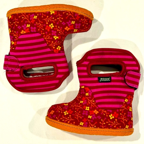 Baby Bogs Classic Flower Stripe Boots Girls 4 Waterproof Insulated Winter Velcro - Picture 2 of 12